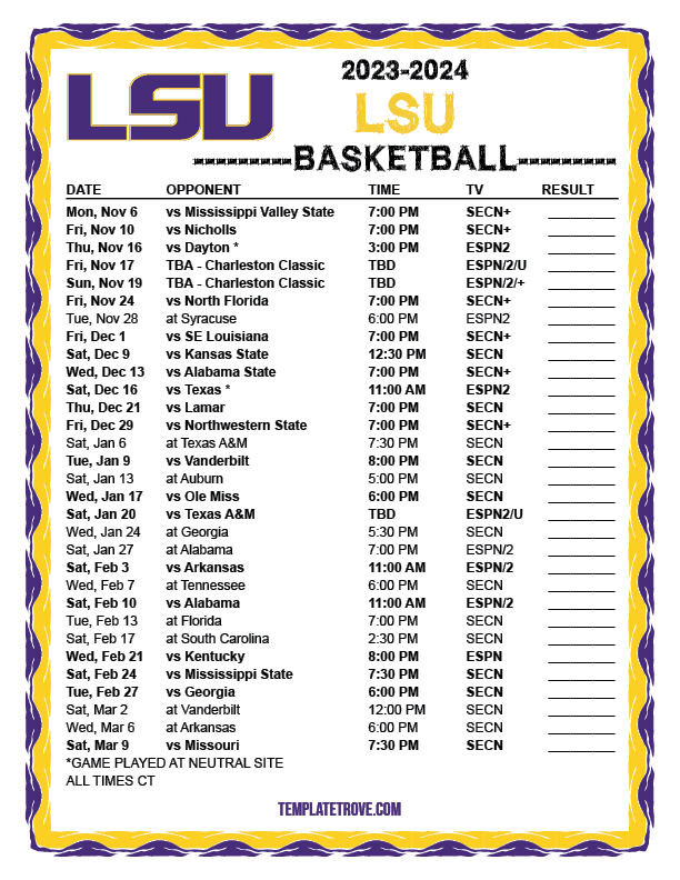Printable 20232024 LSU Tigers Basketball Schedule