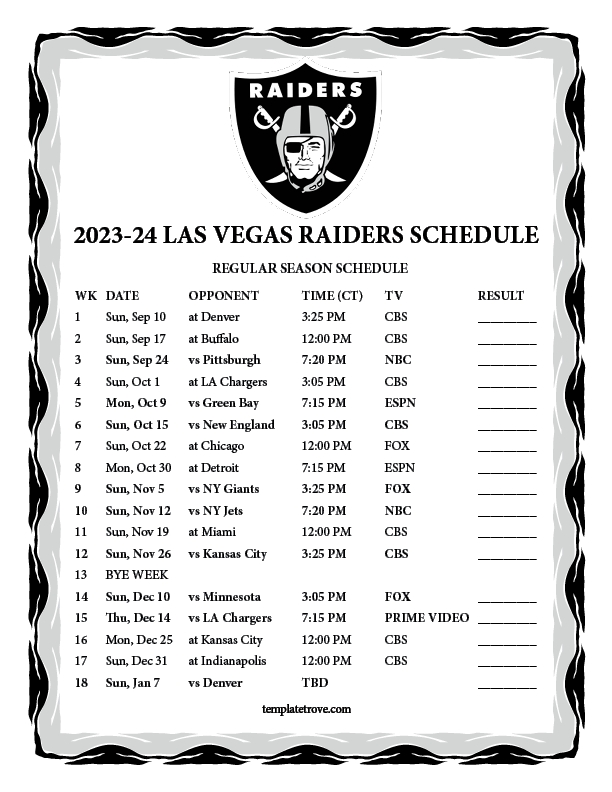 2023 2024 Printable Las Vegas Raiders Schedule CT PNG 