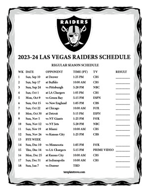 Las Vegas Raiders 2023-24 Printable Schedule - Pacific Times