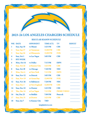 Los Angeles Chargers 2023-24 Printable Schedule - Central Times