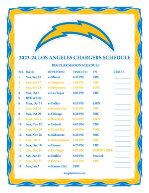 Los Angeles Chargers 2023-24 Printable Schedule