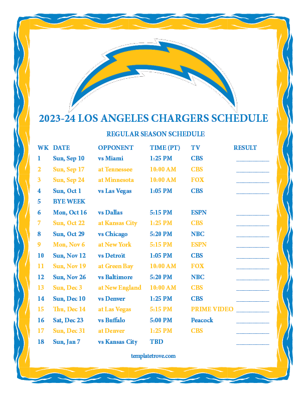 Printable 2023 2024 Los Angeles Chargers Schedule 