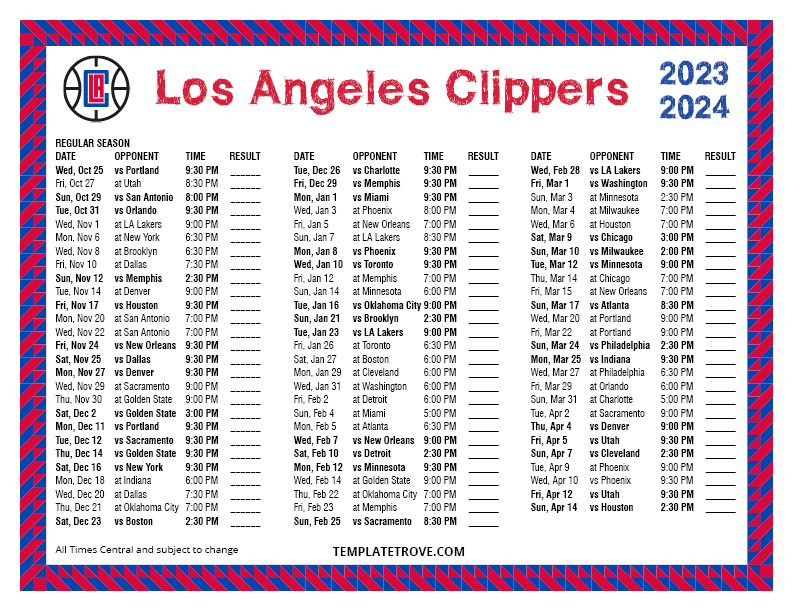 Printable 20232024 Los Angeles Clippers Schedule