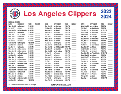 Los Angeles Clippers 2023-24 Printable Schedule - Pacific Times