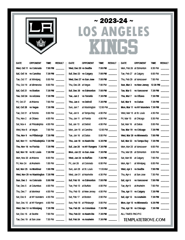 2023 2024 Printable Los Angeles Kings Schedule PT PNG 