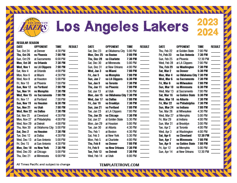 2023 2024 Printable Los Angeles Lakers Schedule Pacific Times 