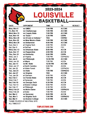 2023-24 Printable Louisville Cardinals Basketball Schedule