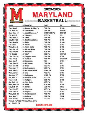 Maryland Terrapins Basketball 2023-24 Printable Schedule
