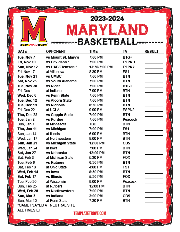 Printable 20232024 Maryland Terrapins Basketball Schedule