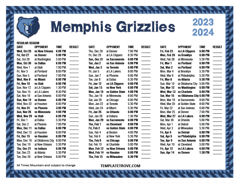 Printable 20232024 Memphis Grizzlies Schedule
