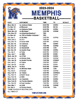 Memphis Tigers Basketball 2023-24 Printable Schedule