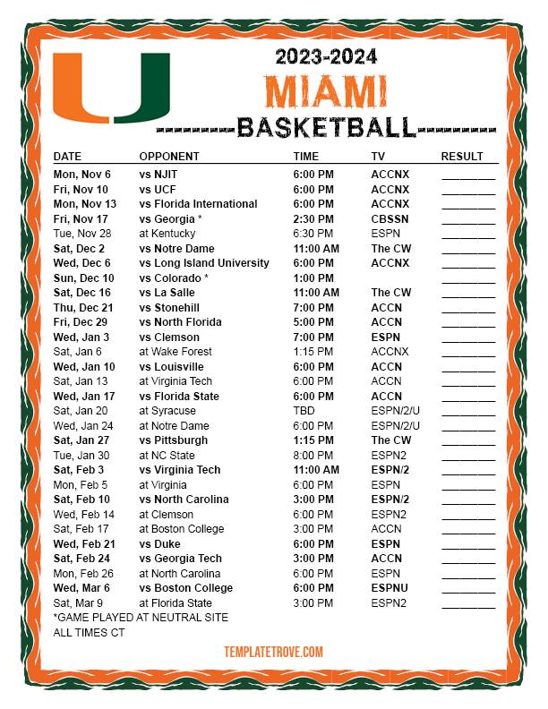 Printable 20232024 Miami Hurricanes Basketball Schedule