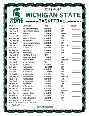 Michigan State Spartans Basketball 2023-24 Printable Schedule