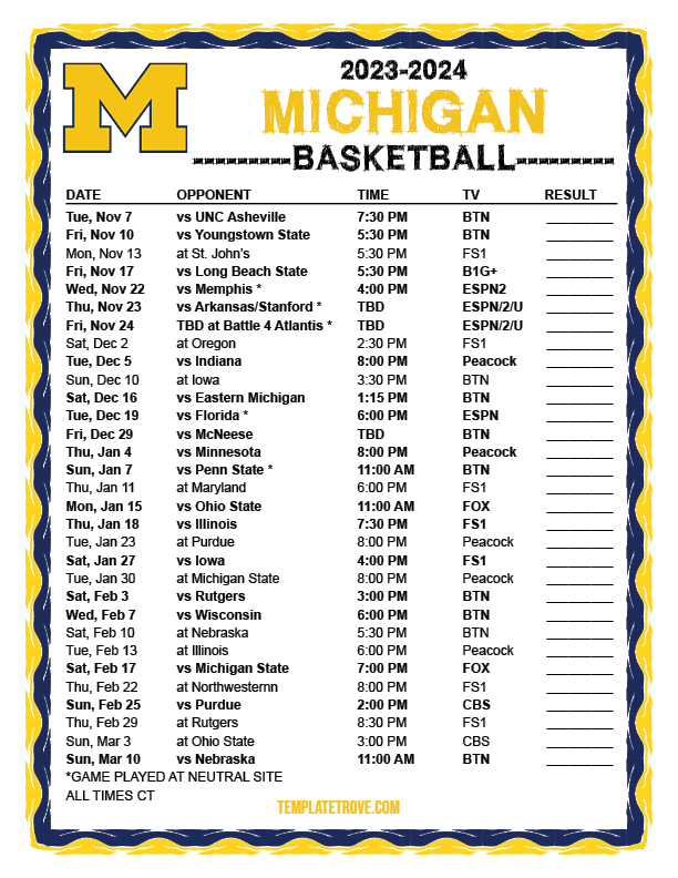 Printable 20232024 Michigan Wolverines Basketball Schedule