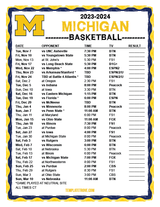 Printable 2023 2024 Michigan Wolverines Basketball Schedule