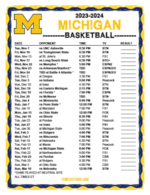 Michigan Wolverines Basketball 2023-24 Printable Schedule