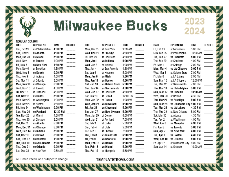 Printable 20232024 Milwaukee Bucks Schedule