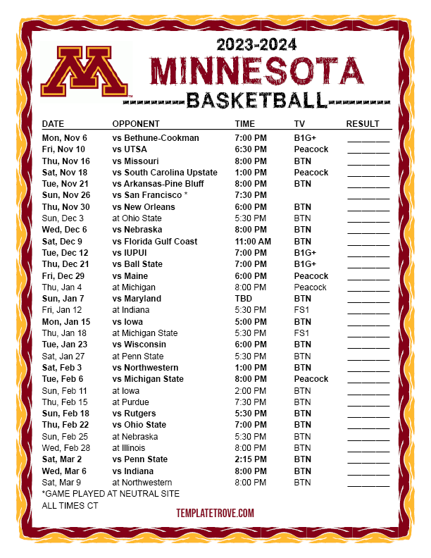 Printable 20232024 Minnesota Golden Gophers Basketball Schedule