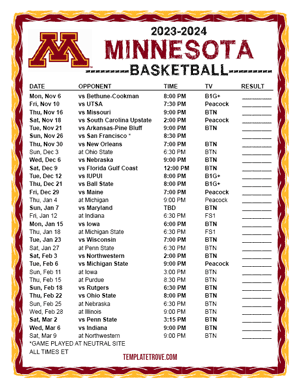 Minnesota Golden Gophers Basketball 2023-24 Printable Schedule
