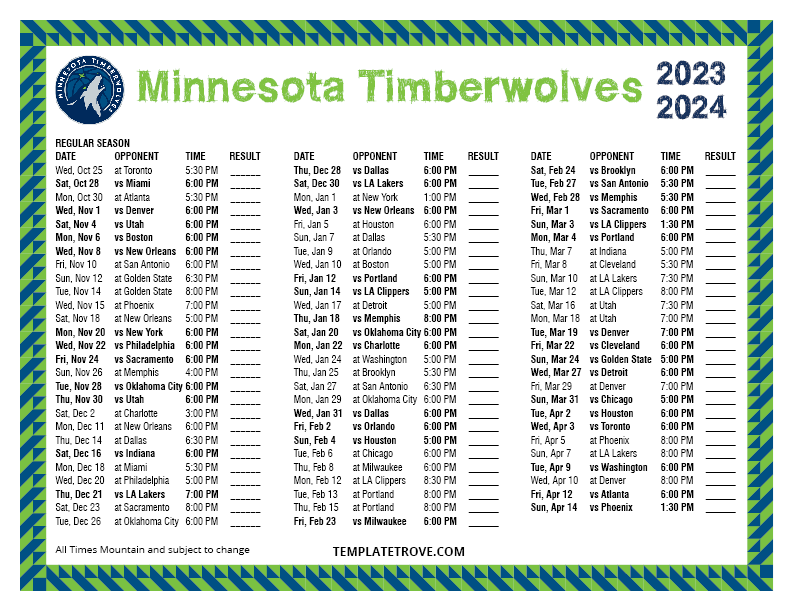 Printable 2023-2024 Minnesota Timberwolves Schedule
