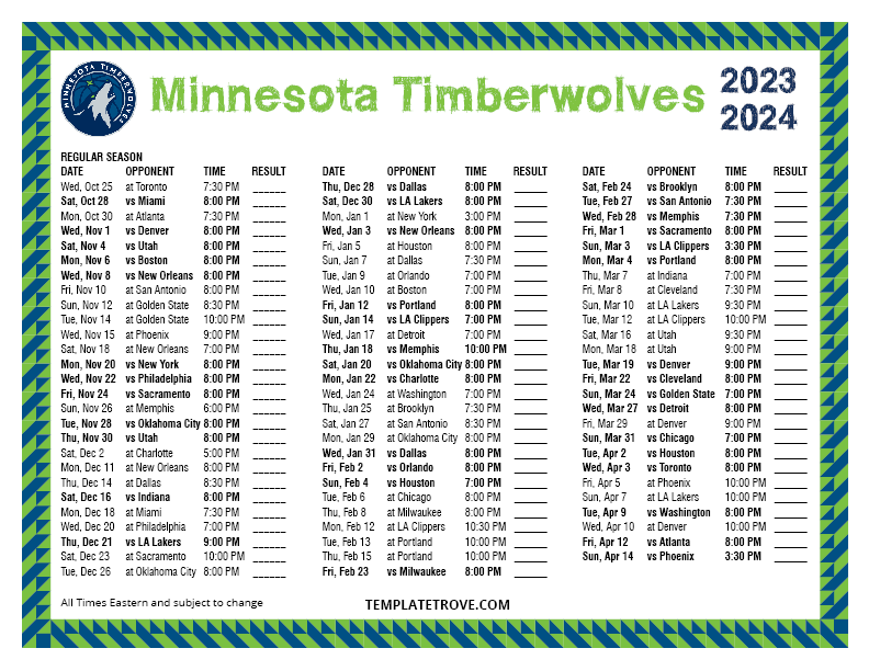 Printable 2023 2024 Minnesota Timberwolves Schedule