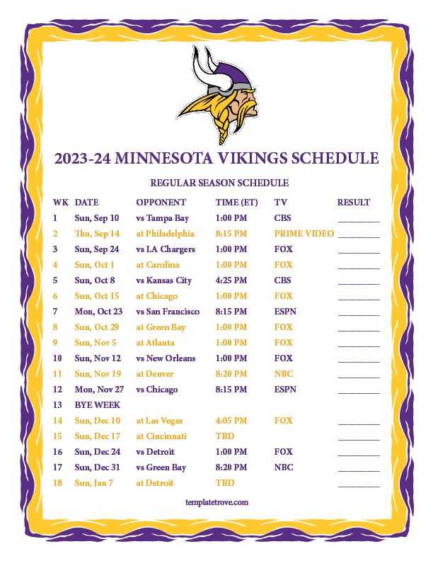 Printable 2023-2024 Minnesota Vikings Schedule