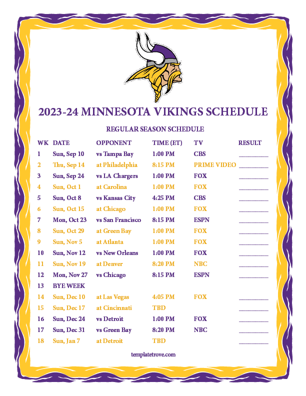 Printable 2023 2024 Minnesota Vikings Schedule