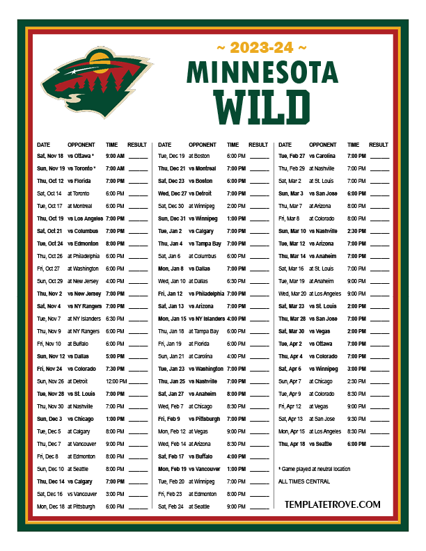 Printable 2023-2024 Minnesota Wild Schedule