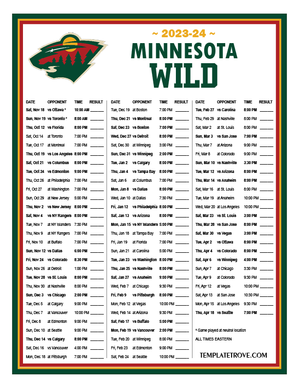 Printable 2023-2024 Minnesota Wild Schedule