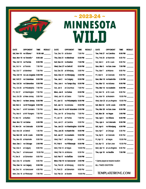 Printable 2023 2024 Minnesota Wild Schedule