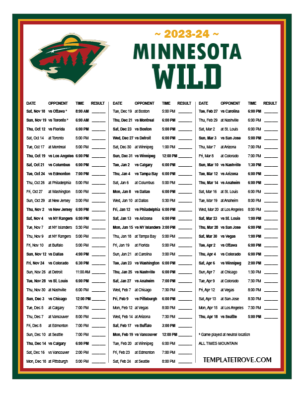 Printable 2023 2024 Minnesota Wild Schedule