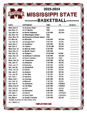 Mississippi State Bulldogs Basketball 2023-24 Printable Schedule - Central Times