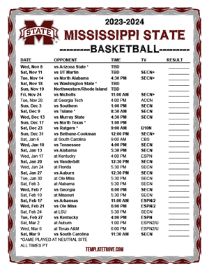 Mississippi State Bulldogs Basketball 2023-24 Printable Schedule - Pacific Times