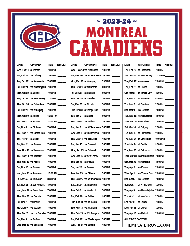 Printable 20232024 Montreal Canadiens Schedule