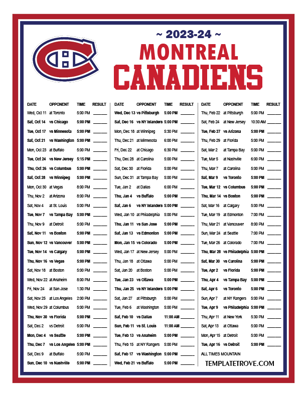 2023 2024 Printable Montreal Canadiens Schedule MT PNG 