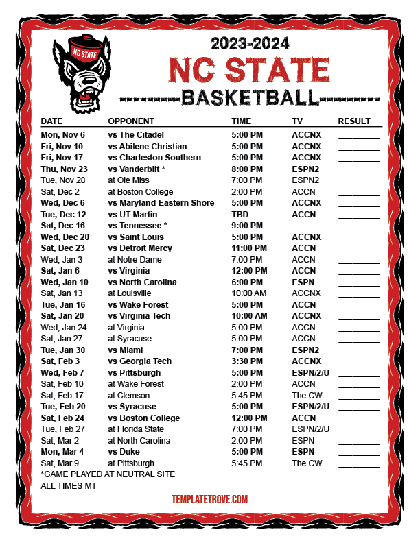 Printable 20232024 NC State Wolfpack Basketball Schedule