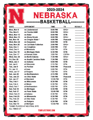 Nebraska Cornhuskers Basketball 2023-24 Printable Schedule