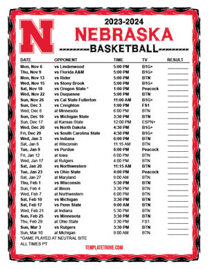 Nebraska Cornhuskers Basketball 2023-24 Printable Schedule - Pacific Times