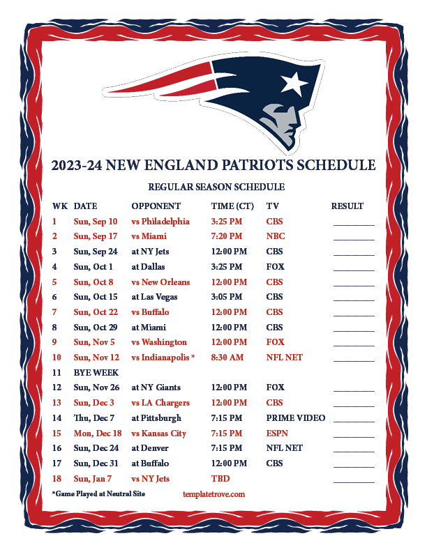 2023 2024 Printable New England Patriots Schedule CT PNG 