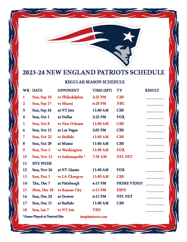 2023 2024 Printable New England Patriots Schedule MT PNG 