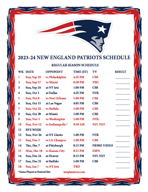 New England Patriots 2023-24 Printable Schedule