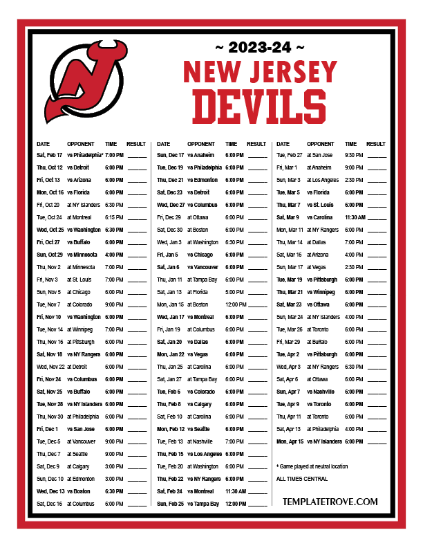 2023 2024 Printable New Jersey Devils Schedule CT PNG 