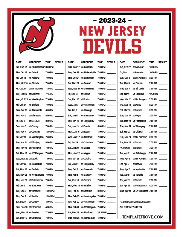 Printable 2023-2024 New Jersey Devils Schedule