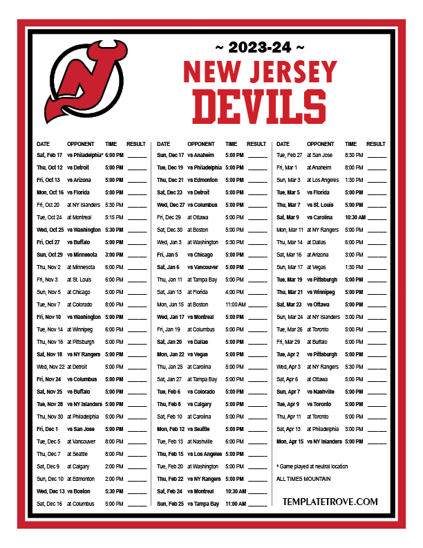 Printable 20232024 New Jersey Devils Schedule