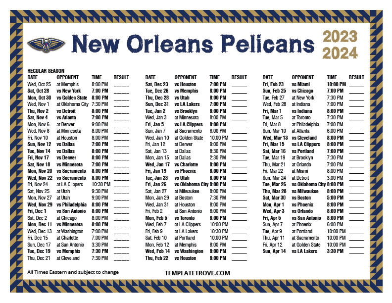 2023 2024 Printable New Orleans Pelicans Schedule 