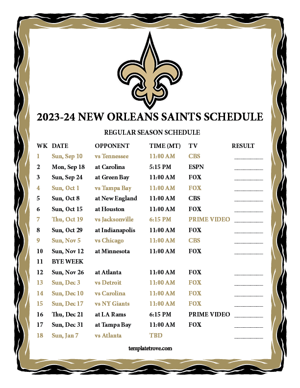 Printable 2023-2024 New Orleans Saints Schedule