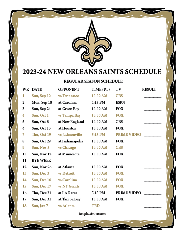 Printable 20232024 New Orleans Saints Schedule