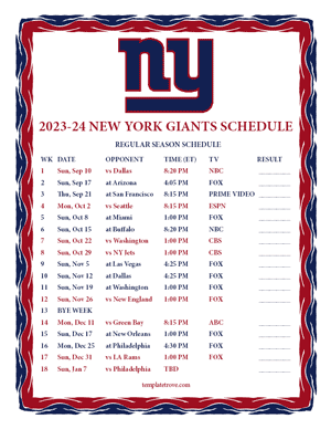 New York Giants 2023-24 Printable Schedule