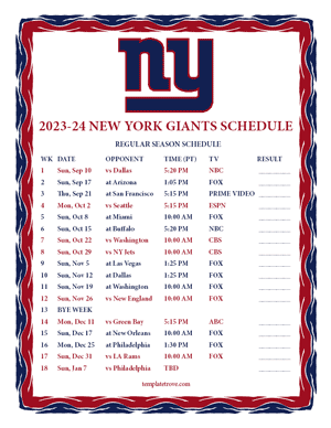 New York Giants 2023-24 Printable Schedule - Pacific Times