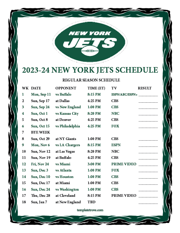 Printable 2023-2024 New York Jets Schedule